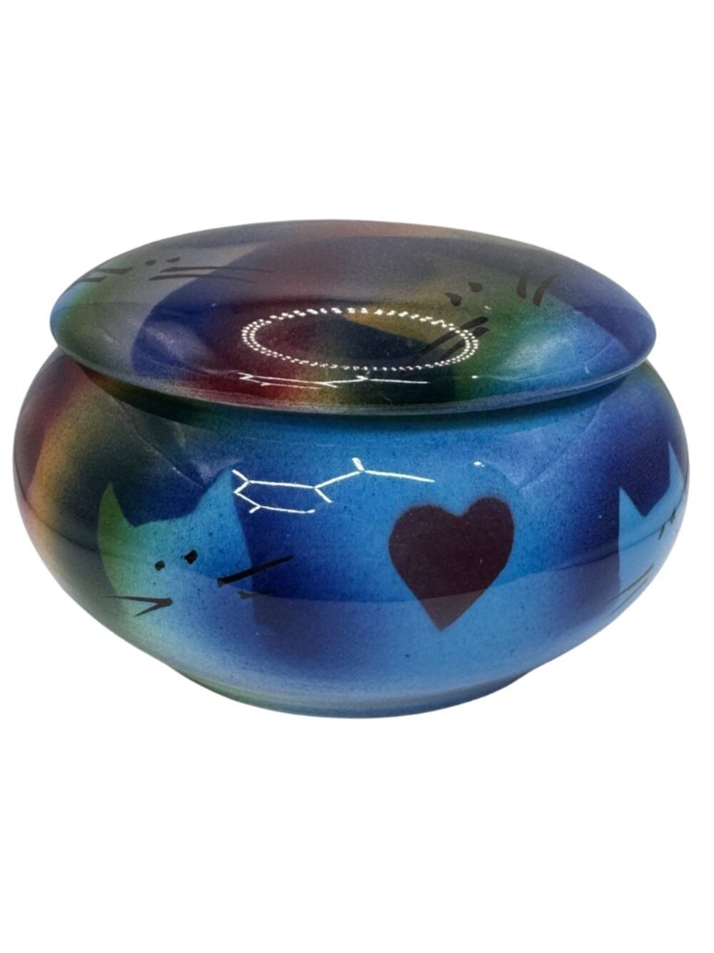 Vintage Judith Stiles Ceramic Jar Trinket Box w Lid Cat & Heart Design 4" Casket - Picture 3 of 9